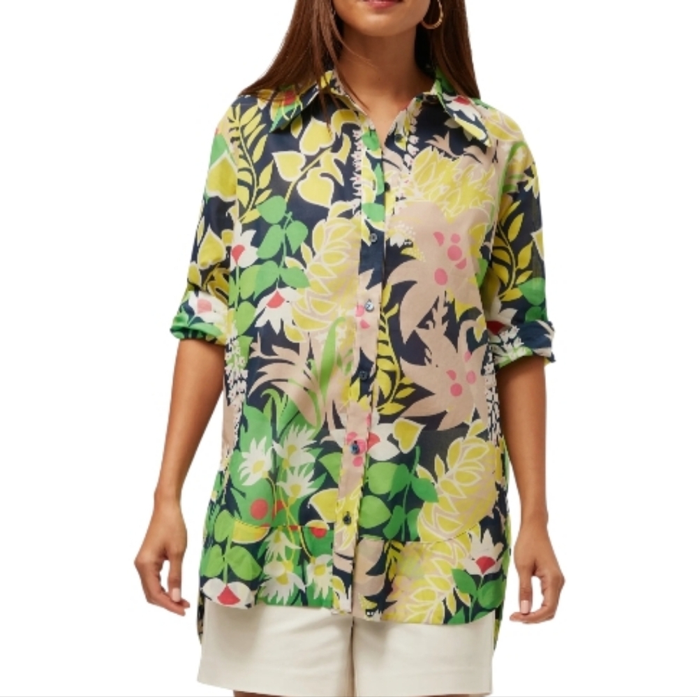 Trina Turk Floral Button Front Top in Cotton Voile High-low  Hem Women"s XL